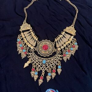 Gold Statement Bib Necklace with Red and Turquoise Cabochons